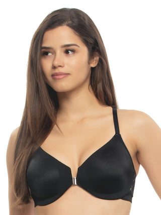 Vitoria - A woman wearing a black unlined front close minimizer bra with a racerback design.
