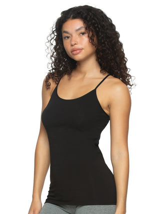 Woman wearing black Cotton Modal Stretch Camisole side view