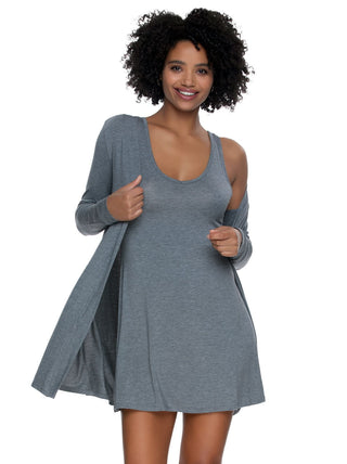 Valyn Woman wearing a gray tank chemise with a matching cardigan on a white background