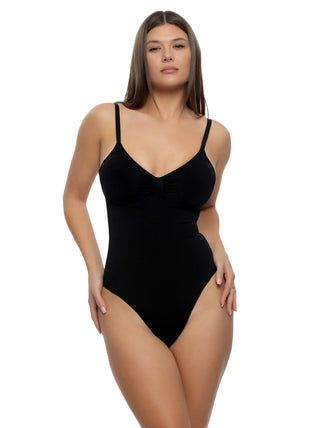 Victoria A woman wearing a black thong bodysuit with adjustable straps. front view