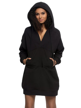 Birta Black hooded sweatshirt dress worn by a model on a white background
