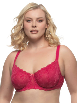 Mackenzie - A woman wearing a hot pink lace unlined balconette bra.
