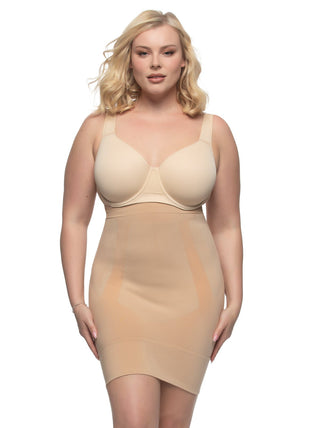 Mackenzie A high-waist half-slip shapewear in beige, worn with a coordinating bra.