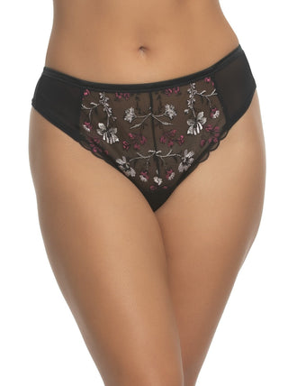 Victoria - Black lace underwear with floral patterns on a white background