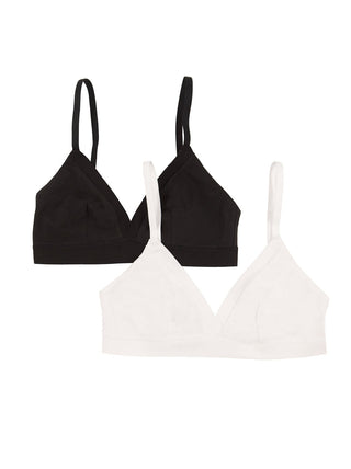 Black and white triangle bralettes on a white background