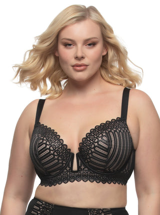 Mackenzie - A woman wearing a black lace demi-coverage bra with a plunge front design.