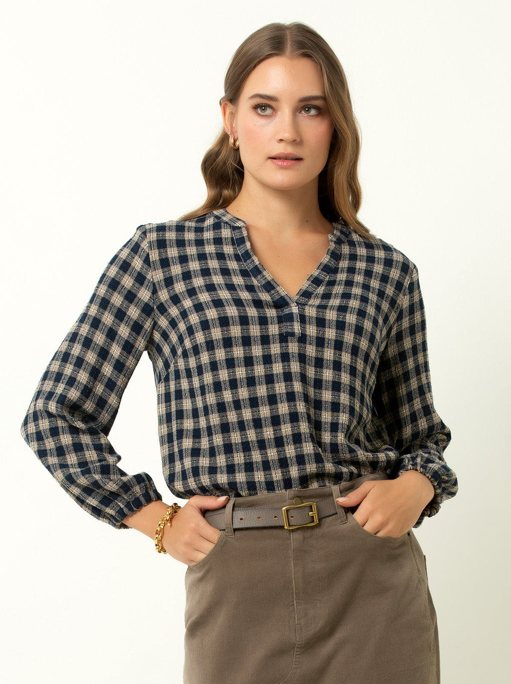 VNeck Plaid Peasant Top Single Stitch by Felina