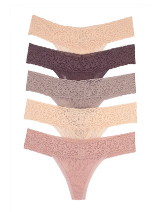 Felina Signature Stretch Lace Low Rise Thong 5-Pack in Chic Nuetrals.