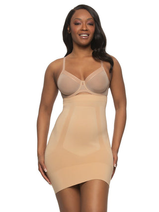Aala A high-waist half-slip shapewear in beige, worn with a coordinating bra.