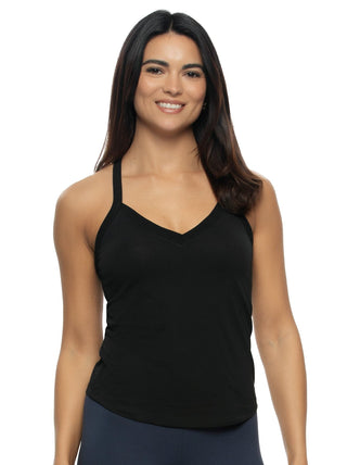 Kyra Woman wearing a black tank top on a white background