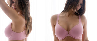 Two images that are merged together, both of a person wearing a pink t-shirt bra, the one on the left taken from the side, and the one on the right taken from the front. 