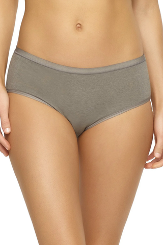 An image of the bottom half of a person wearing grey cotton underwear.