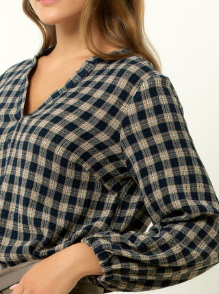 Single Stitch V-Neck Plaid Peasant Top