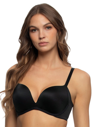 Daria - Woman wearing a black smoothing push up bra on a white background