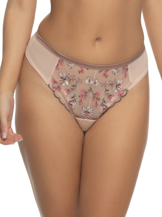 A nude thong with floral embroidery on the front and a mesh back.