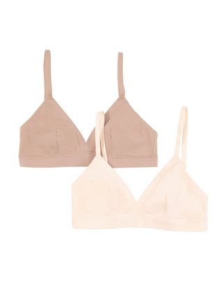 Two bralettes side by side, one in beige and one in light pink, with thin straps and a triangle style design.
