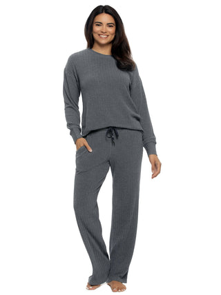 Kyra - Woman wearing gray loungewear set on a white background