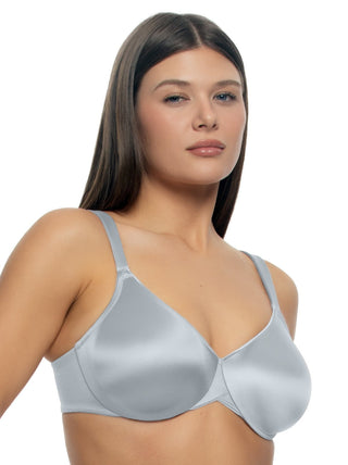 Victoria - A woman wearing a satin bra against a white background