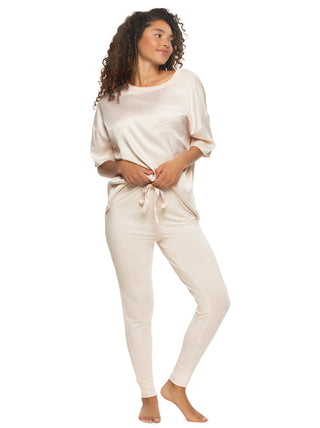 Elysees Rich Satin Tee and Knit Jogger Set in Champagne.