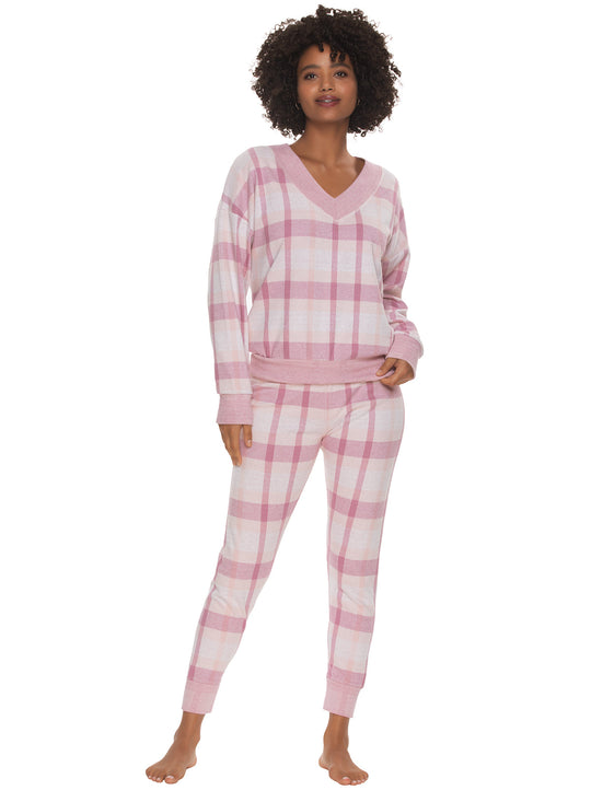 Aurora Soft Brushed Plaid V-Neck Lounge Set