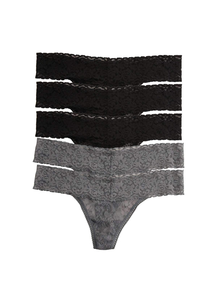 Felina Most Comfortable Super Soft Stretch Lace Thong 5-Pack color-black charcoal combo